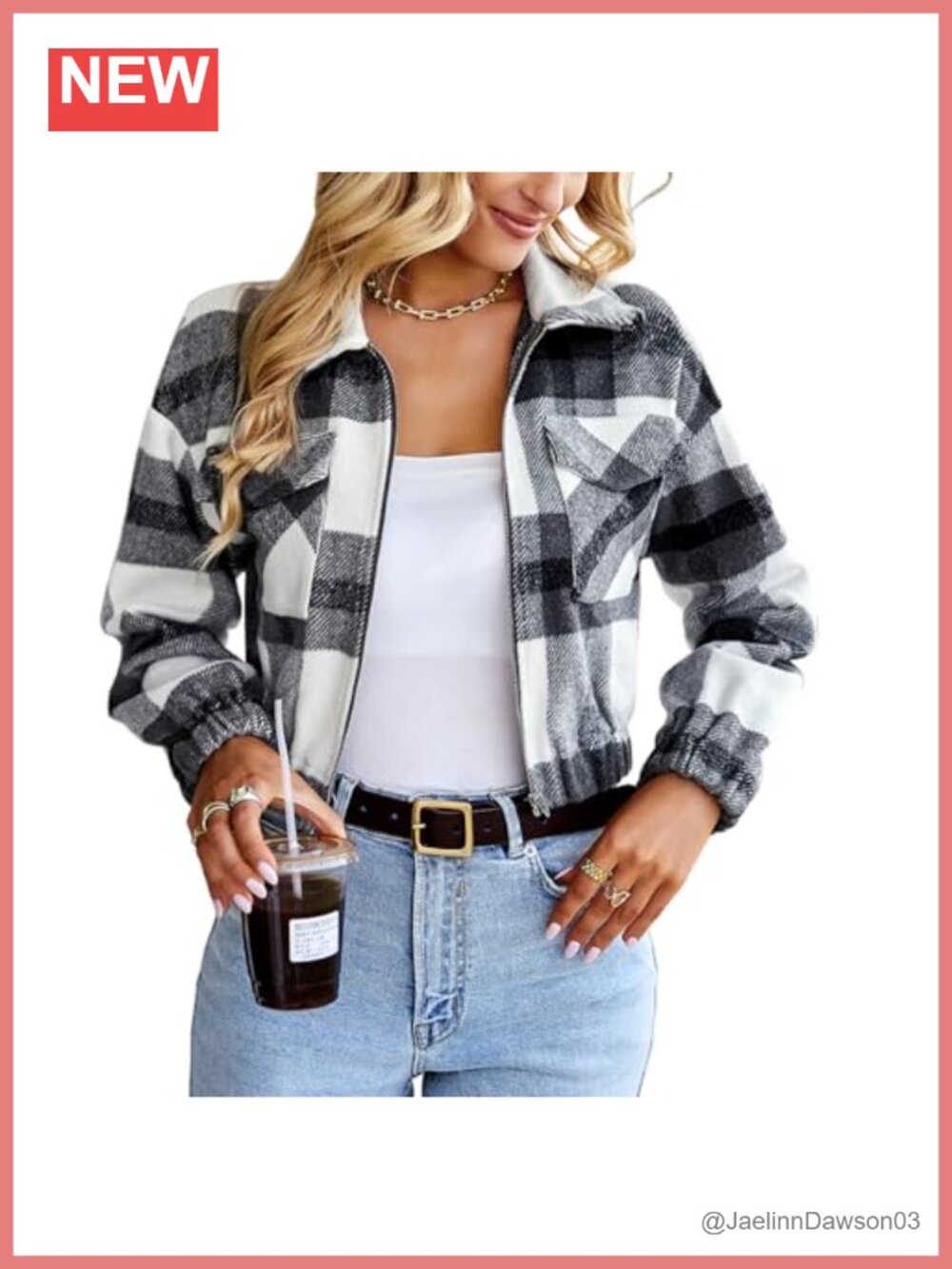 Cropped Plaid Shacket Flannel Jacket Zipper Long Sleeve